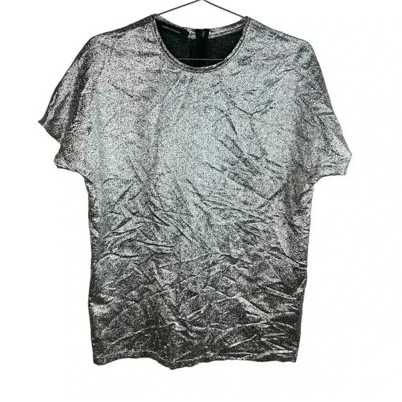 CEDRIC CHARLIER Metallic Silver Short Sleeve Silk Blend Top - Picture 2 of 9